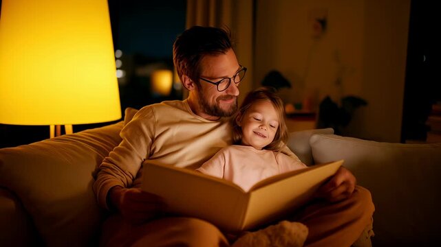 In the gentle glow of a lamp, a father and his daughter snuggle together on the couch, sharing delightful tales from a beloved book. Their joyful expressions reveal the magic of bedtime stories