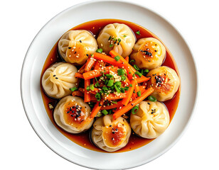 Overhead shot of dumplings in sauce with carrots and sesame seeds