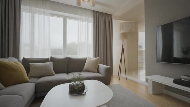 Modern, bright living room interior featuring a comfortable L-shaped sofa, minimalist coffee table, and abundant natural light, creating a serene, inviting contemporary home atmosphere
