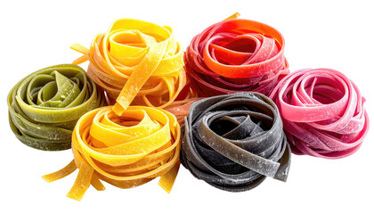 Colorful, round nests of various-hued pasta, ready to cook