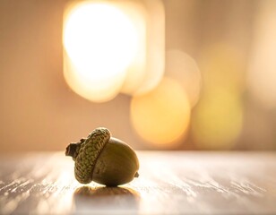 Close-up of acorn on a wooden surface with a soft, warm bokeh