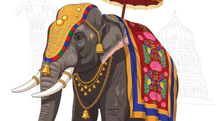 A majestic Indian elephant adorned in vibrant traditional ceremonial attire with golden headpiece, colorful blanket, and bells, set against a subtle architectural background.