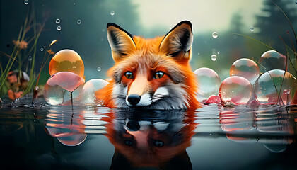 Enigmatic fox emerging from water surrounded by glowing lightbulbs in a surreal scene