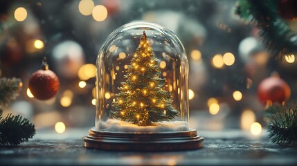 Enchanting christmas tree snow globe surrounded by festive bokeh lights