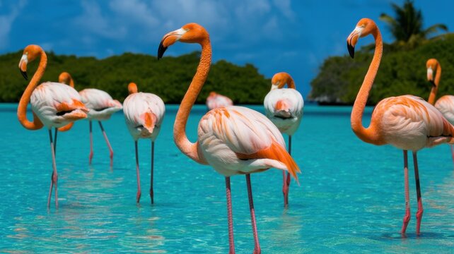 Flamingo Paradise: The radiant beauty of the iconic flamingos wading gracefully in pristine waters, a spectacle of elegance and vibrant life. - Powered by Adobe