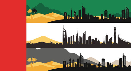 Stylized illustration of the United Arab Emirates flag with three horizontal panels depicting desert landscapes and modern city skylines in silhouette.
