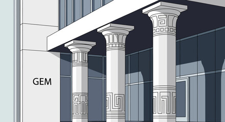 A modern building facade featuring three prominent, intricately decorated columns with classical or Egyptian-inspired patterns, and large reflective windows.