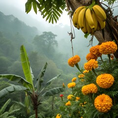 Marigold flowers and bananas in tropical rain, vivid realism, beautiful background