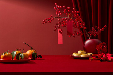 Composition showing traditional Lunar New Year elements, tangerines, cakes and vase of winterberry on red table. Clean background, perfect for adding text or product visuals