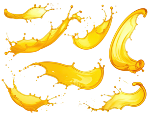 Yellow liquid splashes on a black background, cartoonish rendering