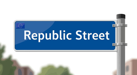 A blue street sign displaying 'Republic Street' with a European Union symbol, mounted on a pole against a blurred background of buildings and trees.