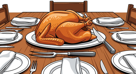 A roasted turkey centerpiece on a wooden dining table set for a festive meal with plates, napkins, and cutlery.
