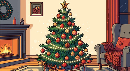 Cozy living room with a beautifully decorated Christmas tree and a warm fireplace, creating a festive holiday atmosphere.