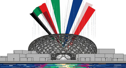 Architectural rendering of a modern domed building with intricate patterns, featuring colorful national flag banners rising above and a vibrant reflection in the water.