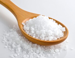 Close-up of coarse, white crystals of seasoning in a wooden spoon