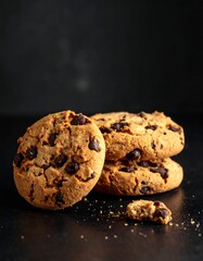 Close-up of chocolate chip cookies on dark, textured background