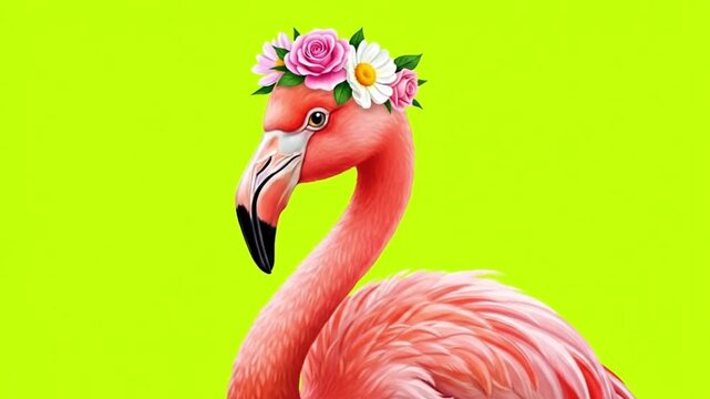 A pink flamingo with a floral crown against a green screen background.