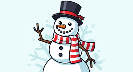 Cute cartoon snowman wearing a top hat and striped scarf, waving cheerfully against a light blue snowy background.
