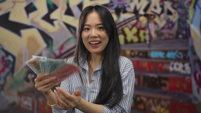 Woman holding yuan banknotes outdoors on graffiti-adorned street showcasing vibrant urban culture and economy with smiling expression and casual attire contrasted against artistic backdrop.
