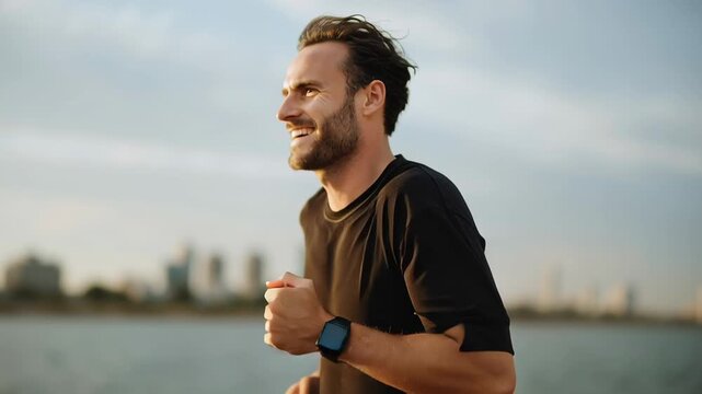 A strong man runs confidently by the water's edge, taking in the breathtaking city skyline as the sun sets, painting the sky in warm hues while energizing his workout