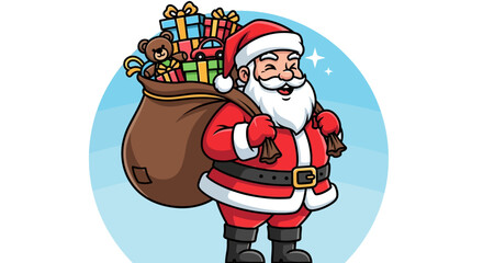 Cartoon Santa Claus smiling and carrying a large sack filled with colorful Christmas presents, ready for delivery.