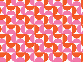 This image displays a vibrant geometric pattern with a repeating tessellation of shapes. The design features bright orange and hot pink semi-circles arranged within a grid structure, 