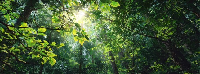 Fototapeta premium Forest canopy view with sunlight through lush green leaves and branches