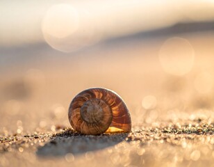Close-up of a snail's shell on the beach, bathed in warm sunlight