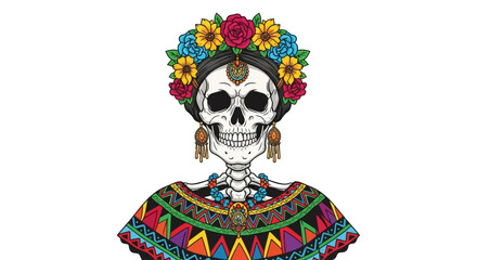 Colorful illustration of a calavera skeleton with a vibrant floral crown and traditional Mexican attire, celebrating Day of the Dead.