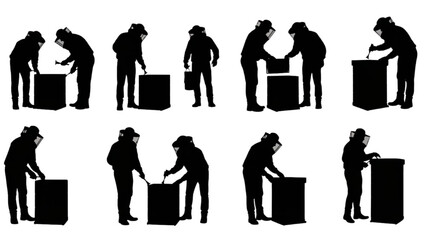Diverse beekeeper silhouettes illustrate honey production and apiary maintenance tasks with protective gear