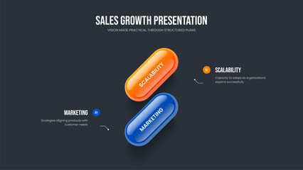 Sales Development Slide Layout Vector Illustration. Modern Planning Two Step Infographic Presentation Design. Project Solution 2 Element Diagram Slideshow Template.