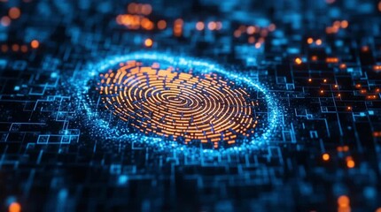 Close up of biometric fingerprint scanner with digital circuit board background, glowing blue and orange lights, futuristic technology for secure identification and authentication, slow motion video - Powered by Adobe