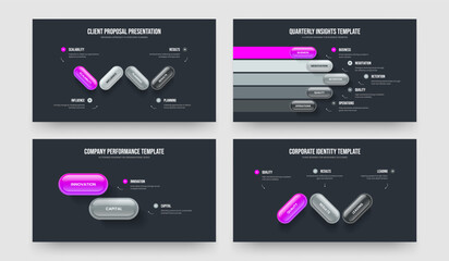 Market Briefing Four Five Two Three Option Diagram Presentation Layout Vector Illustration Set. Advertising Insight 4 5 2 3 Step Infographic Slide Template Collection.