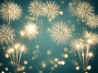 Vibrant golden fireworks bursts with glowing bokeh light particles set against a deep teal festive celebration background scene
