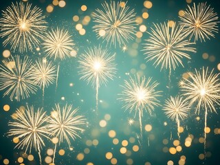 Vibrant golden fireworks bursts with glowing bokeh light particles set against a deep teal festive celebration background scene
