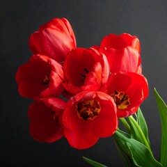 Close-up of a vibrant bouquet of bright red tulips on black