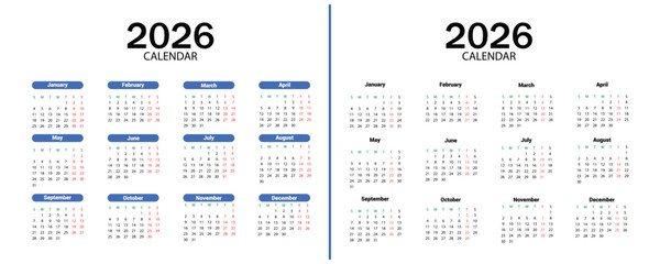 2026 calendar. Monthly calendar planner 2026. 12 months calendar in minimal lay out clip art collection with days and weekly schedule monthly pages design vector illustration. 