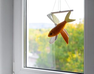 Close-up of decorative, orange fish wind chime hanging by a window