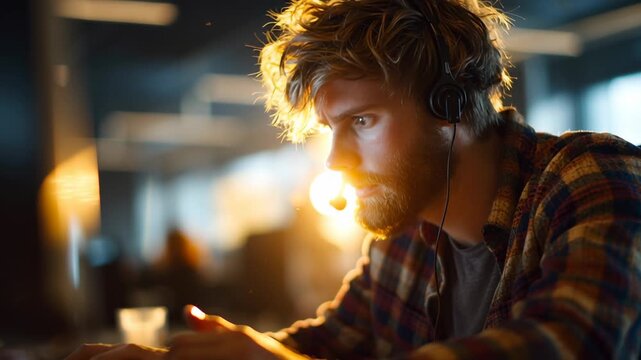 Observing a focused customer support specialist engaged in assisting clients. The warm glow of sunset illuminates the office, creating an inspiring atmosphere for connection and service