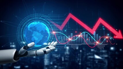 Economic caution visualized with fluctuating market graph, alert symbols, and negative data trends. Represents financial risk, market volatility, and economic uncertainty. Muxer - Powered by Adobe