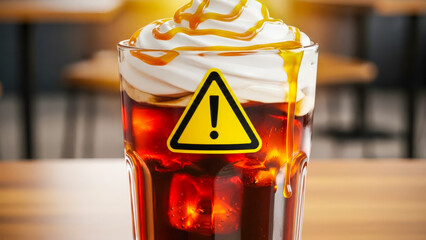 Glass of sugary iced drink topped with whipped cream and caramel, featuring a warning sign symbolizing health risks of excess sugar.