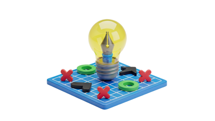 3D Lightbulb Idea with Tic Tac Toe Symbols on transparent background