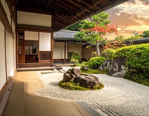 Serene outdoor space with traditional architecture, gravel patterns, and a large stone. A mature tree and plants are visible