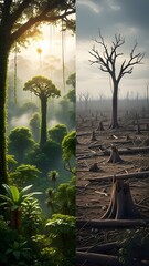 Road cutting through deforested land, environmental destruction and human impact