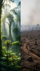 Road cutting through deforested land, environmental destruction and human impact