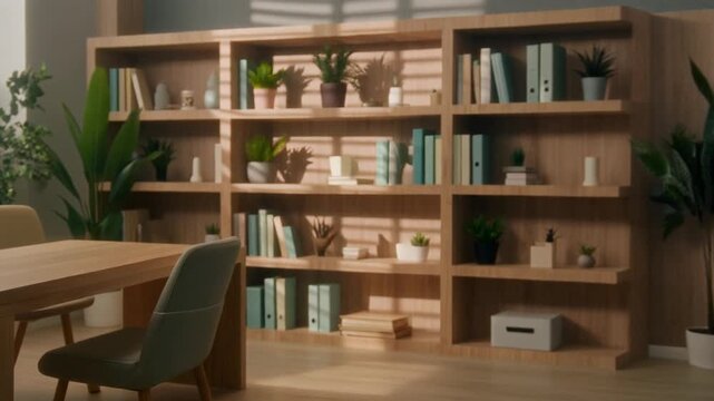 A well-organized bookshelf filled with books and plants, creating a calming and inviting atmosphere in a modern home office or living room