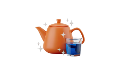 3D Orange teapot with glass of blue liquid and sparkles on transparent background