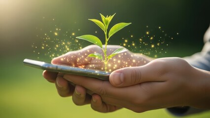 person holding smartphone with green plant growing on it outdoors
