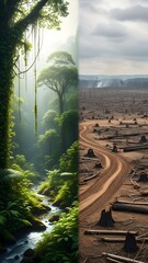 Road cutting through deforested land, environmental destruction and human impact