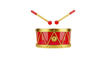 3D Red Drum with Golden Accents and Drumsticks on transparent background